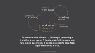 work rul es
work sucks
do nothingdo something
Eu com certeza não sou o único que pensou que
trabalhar é um porre. E também definitivamente não
fui o único que mexeu a bunda da cadeira para fazer
algo em relação a isso.
#WORKRULES | WORKRULES.NET
Trabalho chato
Faça alguma coisa
Work Rules!
Fica menos chato
Não faça nada
 