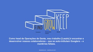 #WORKRULES | WORKRULES.NET
Como head de Operações de Gente, meu trabalho [Laszlo] é encontrar e
desenvolver nossos colaboradores – que se auto-intitulam Googlers – e
mantê-los felizes.
Desenvolver
Crescer
Encontrar Manter
 