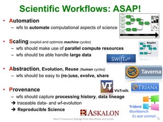 Scientific Workflows: ASAP!
•  Automation
–  wfs to automate computational aspects of science
•  Scaling (exploit and optimize machine cycles)
–  wfs should make use of parallel compute resources
–  wfs should be able handle large data
•  Abstraction, Evolution, Reuse (human cycles)
–  wfs should be easy to (re-)use, evolve, share
•  Provenance
–  wfs should capture processing history, data lineage
è traceable data- and wf-evolution
è  Reproducible Science
Trident	
  
Workbench	
  
VisTrails	
  
More	
  Provenance	
  Mileage	
  from	
  Workﬂows	
  and	
  Scripts	
   41	
  
Es	
  war	
  einmal	
  …	
  	
  	
  
 