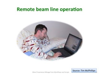 Remote	
  beam	
  line	
  operaQon	
  
More	
  Provenance	
  Mileage	
  from	
  Workﬂows	
  and	
  Scripts	
   51	
  
Source:	
  Tim	
  McPhillips	
  
 