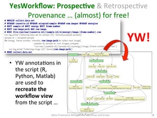 YesWorkﬂow:	
  ProspecQve	
  &	
  RetrospecCve	
  
Provenance	
  …	
  (almost)	
  for	
  free!	
  	
  
•  YW	
  annotaCons	
  in	
  
the	
  script	
  (R,	
  
Python,	
  Matlab)	
  
are	
  used	
  to	
  
recreate	
  the	
  
workﬂow	
  view	
  
from	
  the	
  script	
  …	
  	
  
More	
  Provenance	
  Mileage	
  from	
  Workﬂows	
  and	
  Scripts	
   58	
  
cassette_id
sample_score_cutoff
sample_spreadsheet
ﬁle:cassette_{cassette_id}_spreadsheet.csv
calibration_image
ﬁle:calibration.img
initialize_run
run_log
ﬁle:run/run_log.txt
load_screening_results
sample_namesample_quality
calculate_strategy
rejected_sample accepted_sample num_images energies
log_rejected_sample
rejection_log
ﬁle:/run/rejected_samples.txt
collect_data_set
sample_id energy frame_number
raw_image
ﬁle:run/raw/{cassette_id}/{sample_id}/e{energy}/image_{frame_number}.raw
transform_images
corrected_image
ﬁle:data/{sample_id}/{sample_id}_{energy}eV_{frame_number}.img
total_intensitypixel_count corrected_image_path
log_average_image_intensity
collection_log
ﬁle:run/collected_images.csv
YW!	
  
 