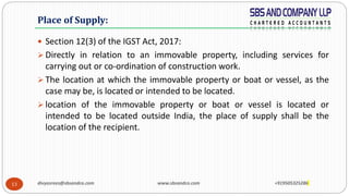 13
 Section 12(3) of the IGST Act, 2017:
 Directly in relation to an immovable property, including services for
carrying out or co-ordination of construction work.
 The location at which the immovable property or boat or vessel, as the
case may be, is located or intended to be located.
 location of the immovable property or boat or vessel is located or
intended to be located outside India, the place of supply shall be the
location of the recipient.
Place of Supply:
divyasrees@sbsandco.com www.sbsandco.com +919505325286
 