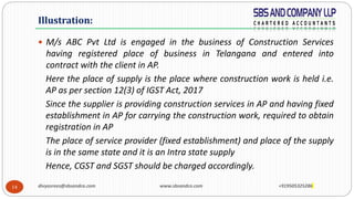 14
 M/s ABC Pvt Ltd is engaged in the business of Construction Services
having registered place of business in Telangana and entered into
contract with the client in AP.
Here the place of supply is the place where construction work is held i.e.
AP as per section 12(3) of IGST Act, 2017
Since the supplier is providing construction services in AP and having fixed
establishment in AP for carrying the construction work, required to obtain
registration in AP
The place of service provider (fixed establishment) and place of the supply
is in the same state and it is an Intra state supply
Hence, CGST and SGST should be charged accordingly.
Illustration:
divyasrees@sbsandco.com www.sbsandco.com +919505325286
 