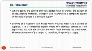 9
 Where goods are packed and transported with insurance, the supply of
goods, packing materials, transport and insurance is a composite supply
and supply of goods is a principal supply
 Booking of a Rajdhani train ticket which includes meal, it is a bundle of
supplies. It is a composite supply where the products cannot be sold
separately. You will not buy just the train meal and not the train ticket.
The transportation of passenger is, therefore, the principal supply.
ILLUSTRATION:
divyasrees@sbsandco.com www.sbsandco.com +919505325286
 