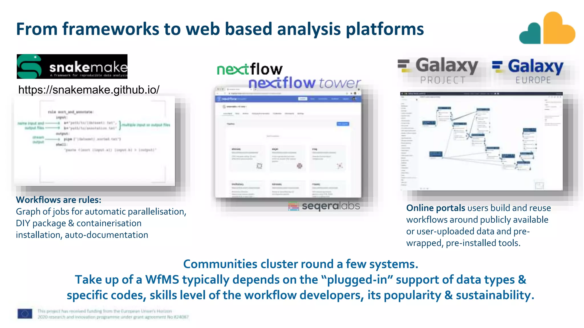 https://snakemake.github.io/
Workflows are rules:
Graph of jobs for automatic parallelisation,
DIY package & containerisation
installation, auto-documentation
From frameworks to web based analysis platforms
Communities cluster round a few systems.
Take up of a WfMS typically depends on the “plugged-in” support of data types &
specific codes, skills level of the workflow developers, its popularity & sustainability.
Online portals users build and reuse
workflows around publicly available
or user-uploaded data and pre-
wrapped, pre-installed tools.
 