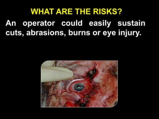 WHAT ARE THE RISKS?
An operator could easily sustain
cuts, abrasions, burns or eye injury.
 