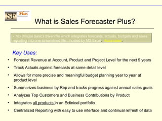 • Forecast Revenue at Account, Product and Project Level for the next 5 years
• Track Actuals against forecasts at same detail level
• Allows for more precise and meaningful budget planning year to year at
product level
• Summarizes business by Rep and tracks progress against annual sales goals
• Analyzes Top Customers and Business Contributions by Product
• Integrates all products in an Eclinical portfolio
• Centralized Reporting with easy to use interface and continual refresh of data
What is Sales Forecaster Plus?
Key Uses:
- VB (Visual Basic) driven file which integrates forecasts, actuals, budgets and sales
reporting into one streamlined file…hosted by MS Excel. Automated.
 