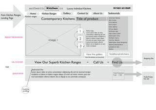Kitchen ranges
PRODUCT PRESENTATION
Poduct Copy
Lorem ipsum dolor sit amet,
consectetaur adipisicing elit, sed
do eiusmod tempor incididunt ut
labore et dolore magna aliqua.
Ut enim ad minim veniam, quis
nostrud exercitation ullamco
laboris nisi ut aliquip ex ea com-
modo consequat.
Contemporary Kitchens
From Kitchen Ranges
Landing Page Title of product
1
2
3
image 1
View Our Superb Kitchen Ranges ~ Call Us ~ Find Us
Mapping Site
Testimonial One
Lorem ipsum dolor sit amet, consectetaur adipisicing elit, sed do eiusmod tempor
incididunt ut labore et dolore magna aliqua. Ut enim ad minim veniam, quis nos-
trud exercitation ullamco laboris nisi ut aliquip ex ea commodo consequat.
Trade Protection
Logo + link
Trade Protec-
tion site
CALLTO ACTION
QUALIFICATION
Fold
View the gallery
View the kitchens we have built
Traditional kitchens
Could be
scrolling
authentic Kitchen co Luxury Individual Kitchens 01565 631869
Home Kitchen Ranges Gallery Contact Us About Us Testimonials
 