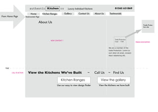 Testimonials PageFrom Home Page
Fold
authentic Kitchen co Luxury Individual Kitchens 01565 631869
Home Kitchen Ranges Gallery Contact Us About Us Testimonials
About Us
Trade Protection
Logo + link
We are a member of the
trade Protection. Lorem ip-
sum dolor sit amet, consect-
etaur adipisicing elit,
TRADE ASSOCIATION
Trade Protec-
tion site
CALLTO ACTION View the Kitchens We’ve Built ~ Call Us ~ Find Us
NEW CONTENT ?
Kitchen Ranges View the gallery
Use our easy to view design finder View the kitchens we have built
 