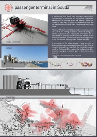 west view
passenger terminal in Souda non-places
infrastructure
dynamic model
conceptual design
Α social study about Souda town, along with questionnaires
and interviews of the citizens, but also through experiential
experiences, we re-characterised the area as a non-place1
.
The aim of the project, excluding the passenger terminal, was
the transformation of Souda town from passage to an actual
place.
The area of the harbour could be characterised as an industrial
area, which has nothing in common with the dwelling area
of the Souda town. Our architectural intervention can be
considered as parasitic infrastructure that adheres to the
existing environment, individually, transforms it and produces
a new social space, according to the needs of the users.
It is composed of five infrastructures – cores, which act as
biomimetic generators with spatial footprints. A new dynamic
model is invented and it can fulfil the changing/increasing
needs of the town and the harbour, the local people and the
tourists, working as an intuitive grid – a three dimensional
diagram.
1. Auge, Marc (2009). Non-places: Introduction to an Anthropology of Supermodernity,
masterplan
collage
model scale 1:500
V I D E O
 
