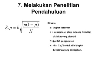 7. Melakukan Penelitian
Pendahuluan
Dimana,
S : tingkat ketelitian
p : prosentase atau peluang kejadian
aktivitas yang diamati
N : jumlah pengamatan
k : nilai Z α/2 untuk nilai tingkat
keyakinan yang ditetapkan.
N
p
p
k
p
S
)
1
(
.


 
