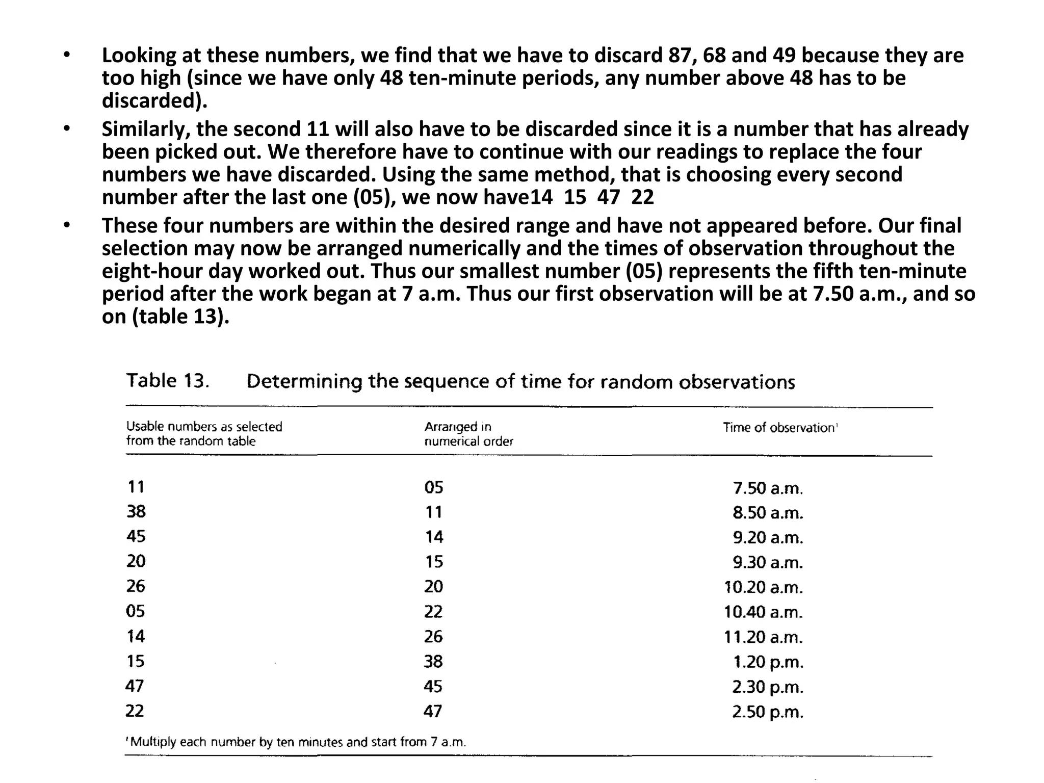 • Looking at these numbers, we find that we have to discard 87, 68 and 49 because they are
too high (since we have only 48 ten-minute periods, any number above 48 has to be
discarded).
• Similarly, the second 11 will also have to be discarded since it is a number that has already
been picked out. We therefore have to continue with our readings to replace the four
numbers we have discarded. Using the same method, that is choosing every second
number after the last one (05), we now have14 15 47 22
• These four numbers are within the desired range and have not appeared before. Our final
selection may now be arranged numerically and the times of observation throughout the
eight-hour day worked out. Thus our smallest number (05) represents the fifth ten-minute
period after the work began at 7 a.m. Thus our first observation will be at 7.50 a.m., and so
on (table 13).
 