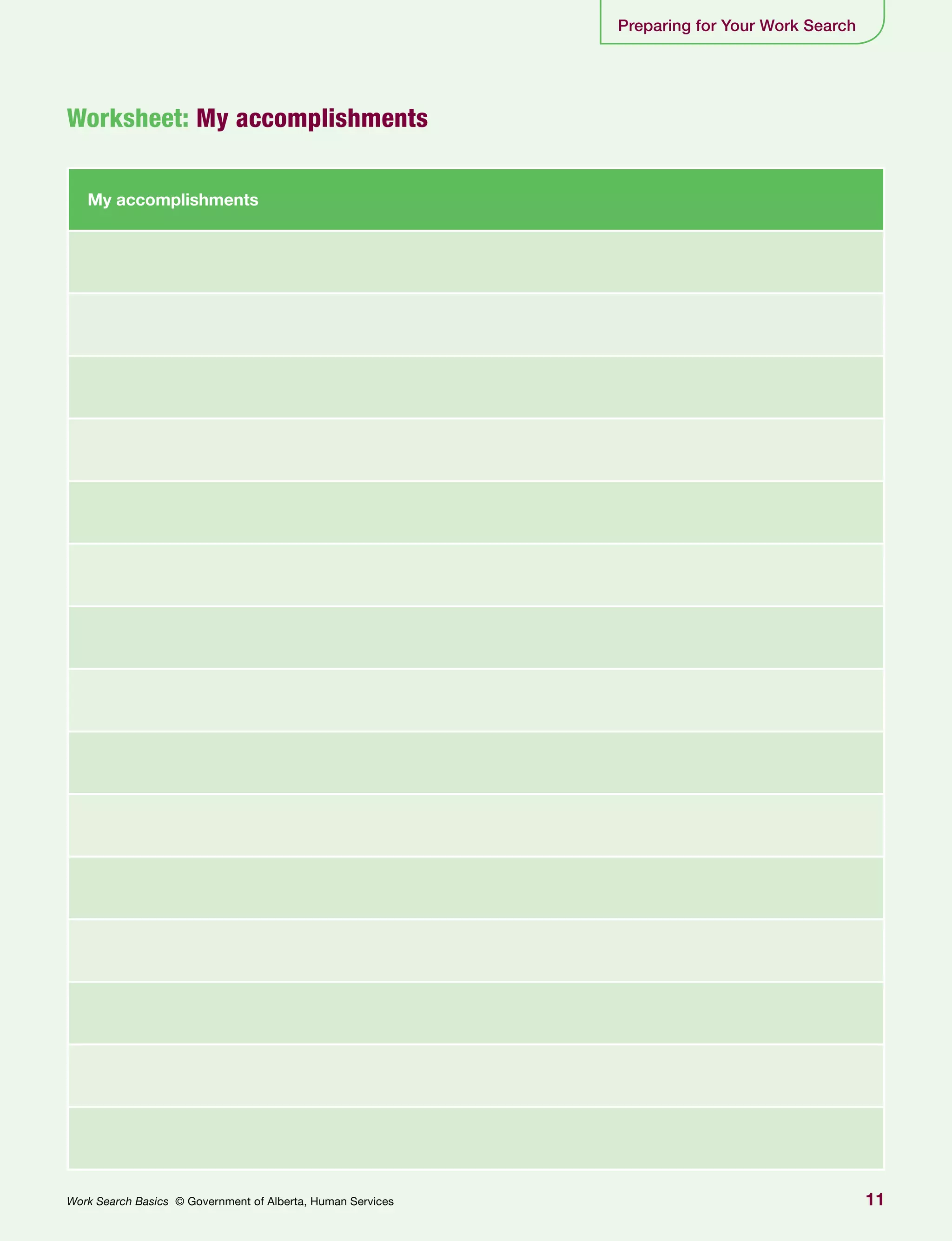 11Work Search Basics © Government of Alberta, Human Services
Preparing for Your Work Search
My accomplishments
Worksheet: My accomplishments
 