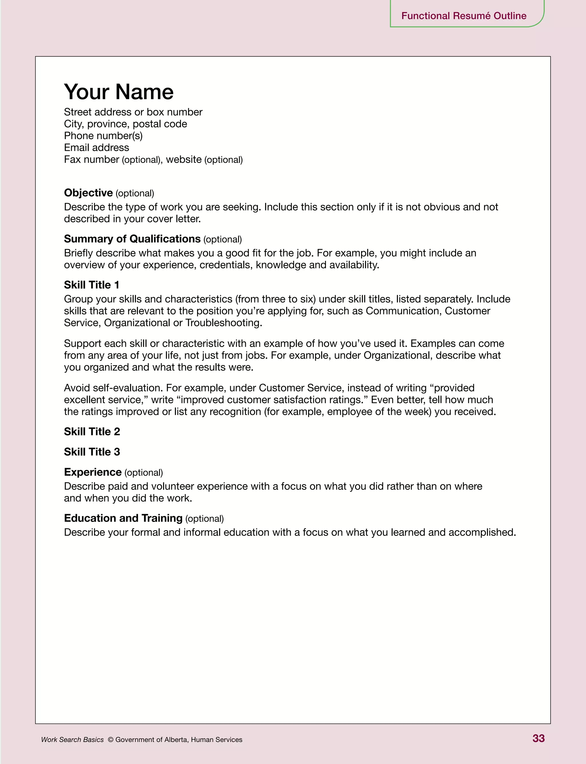 33Work Search Basics © Government of Alberta, Human Services
Your Name
Street address or box number
City, province, postal code
Phone number(s)
Email address
Fax number (optional), website (optional)
Objective (optional)
Describe the type of work you are seeking. Include this section only if it is not obvious and not
described in your cover letter.
Summary of Qualifications (optional)
Briefly describe what makes you a good fit for the job. For example, you might include an
overview of your experience, credentials, knowledge and availability.
Skill Title 1
Group your skills and characteristics (from three to six) under skill titles, listed separately. Include
skills that are relevant to the position you’re applying for, such as Communication, Customer
Service, Organizational or Troubleshooting.
Support each skill or characteristic with an example of how you’ve used it. Examples can come
from any area of your life, not just from jobs. For example, under Organizational, describe what
you organized and what the results were.
Avoid self-evaluation. For example, under Customer Service, instead of writing “provided
excellent service,” write “improved customer satisfaction ratings.” Even better, tell how much
the ratings improved or list any recognition (for example, employee of the week) you received.
Skill Title 2
Skill Title 3
Experience (optional)
Describe paid and volunteer experience with a focus on what you did rather than on where
and when you did the work.
Education and Training (optional)
Describe your formal and informal education with a focus on what you learned and accomplished.
Functional Resumé Outline
 