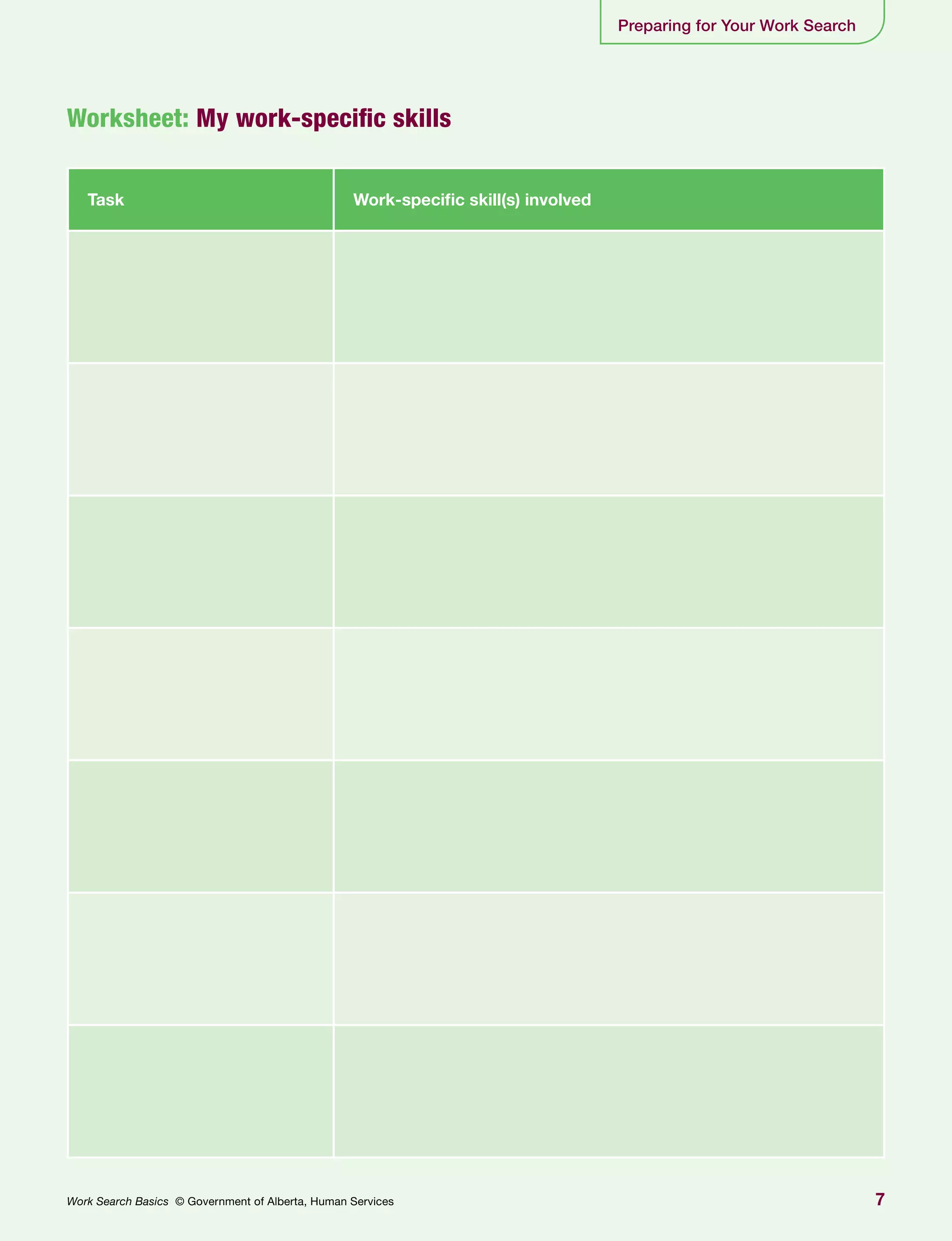 7Work Search Basics © Government of Alberta, Human Services
Preparing for Your Work Search
Task Work-specific skill(s) involved
Worksheet: My work-specific skills
 