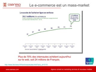 http://www.docnews.fr/fr/archives/etudes.html?actu_id=3110 Plus de 70% des internautes achètent aujourd'hui  sur le web, soit 24 millions de Français.  Le e-commerce est un mass-market 