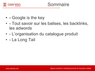 Sommaire -  Google is the key - Tout savoir sur les balises, les backlinks, les adwords - L’organisation du catalogue produit - La Long Tail 