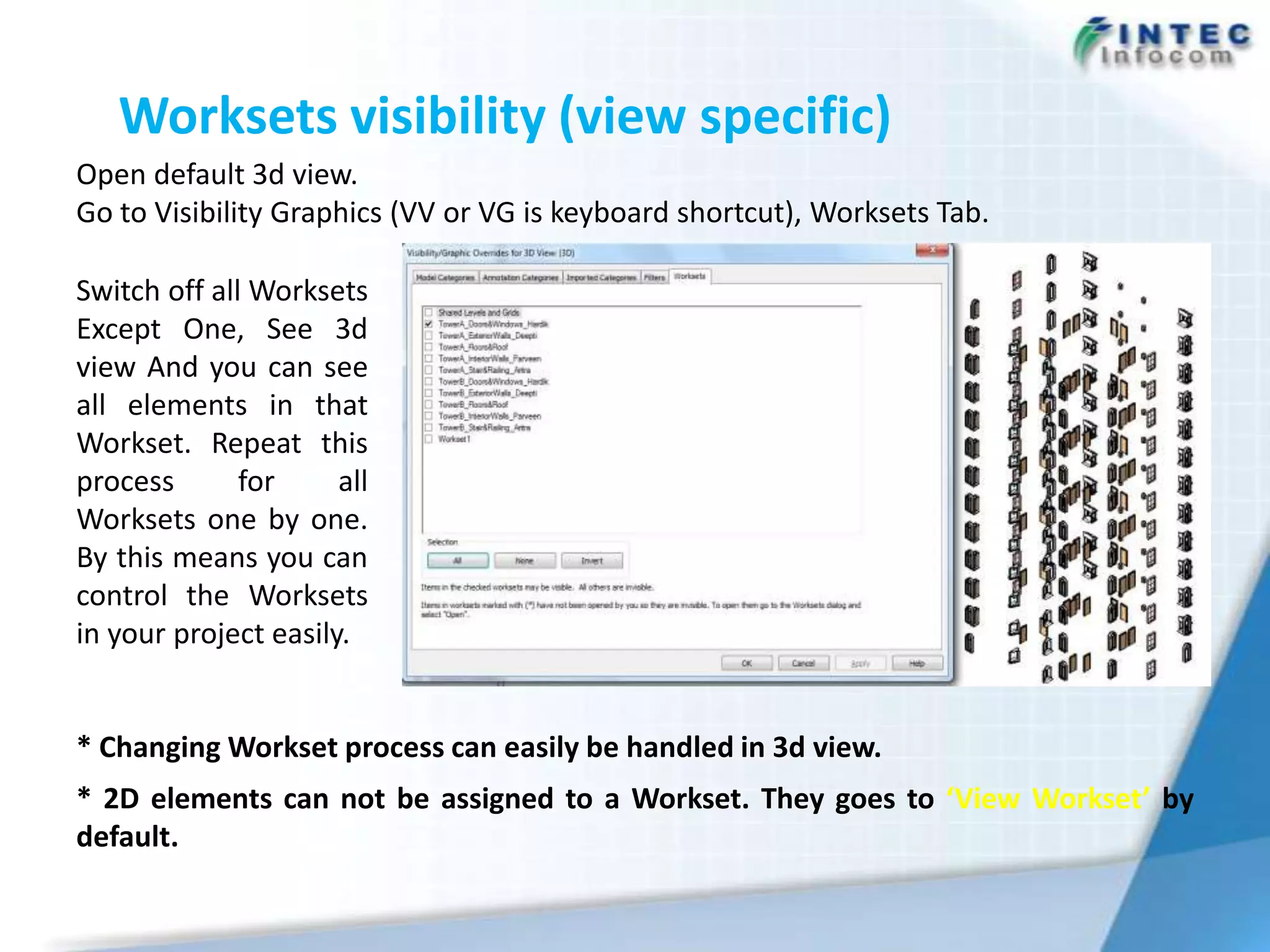 Worksets visibility (view specific)
Open default 3d view.
Go to Visibility Graphics (VV or VG is keyboard shortcut), Worksets Tab.

Switch off all Worksets
Except One, See 3d
view And you can see
all elements in that
Workset. Repeat this
process       for     all
Worksets one by one.
By this means you can
control the Worksets
in your project easily.


* Changing Workset process can easily be handled in 3d view.
* 2D elements can not be assigned to a Workset. They goes to ‘View Workset’ by
default.
 