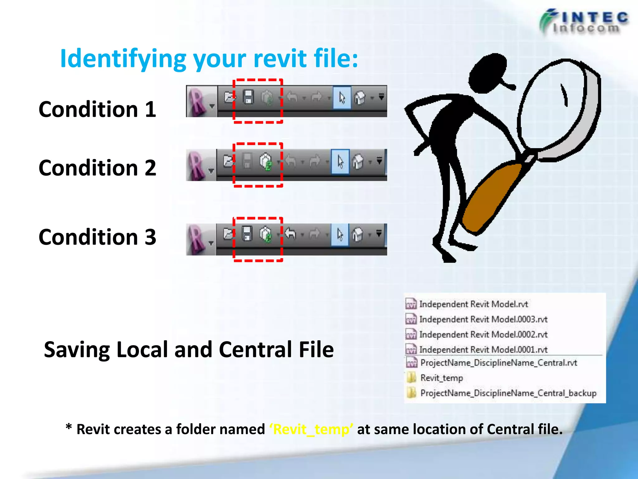 Identifying your revit file:
Condition 1

Condition 2

Condition 3



Saving Local and Central File


  * Revit creates a folder named ‘Revit_temp’ at same location of Central file.
 