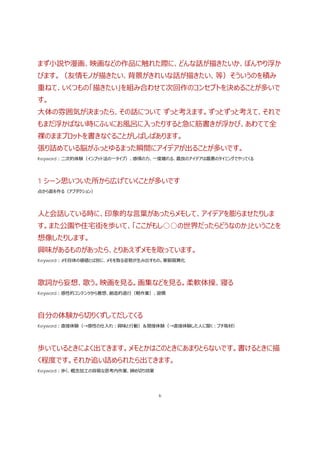 6
まず⼩説や漫画、映画などの作品に触れた際に、どんな話が描きたいか、ぼんやり浮か
びます。（友情モノが描きたい、背景がきれいな話が描きたい、等）そういうのを積み
重ねて、いくつもの「描きたい」を組み合わせて次回作のコンセプトを決めることが多いで
す。
⼤体の雰囲気が決まったら、その話について ずっと考えます。ずっとずっと考えて、それで
もまだ浮かばない時にふいにお⾵呂に⼊ったりすると急に筋書きが浮かび、あわてて全
裸のままプロットを書きなぐることがしばしばあります。
張り詰めている脳がふっとゆるまった瞬間にアイデアが出ることが多いです。
Keyword：⼆次的体験（インプット法の⼀タイプ）、感情の⼒、⼀度離れる、最良のアイデアは最悪のタイミングでやってくる
1 シーン思いついた所から広げていくことが多いです
点から⾯を作る（アブダクション）
⼈と会話している時に、印象的な⾔葉があったらメモして、アイデアを膨らませたりしま
す。また公園や住宅街を歩いて、「ここがもし○○の世界だったらどうなのか」ということを
想像したりします。
興味があるものがあったら、とりあえずメモを取っています。
Keyword：メモ⾃体の価値とは別に、メモを取る姿勢が⽣み出すもの。果馴質異化
歌詞から妄想、歌う。映画を⾒る。画集などを⾒る。柔軟体操、寝る
Keyword：感性的コンテンツから着想、創造的退⾏（軽作業）、習慣
⾃分の体験から切りくずしてだしてくる
Keyword：直接体験（→感性の仕⼊れ：興味と⾏動）＆間接体験（→直接体験した⼈に聞く：プチ取材）
歩いているときによく出てきます。メモとかはこのときにあまりとらないです。書けるときに描
く程度です。それか追い詰められたら出てきます。
Keyword：歩く、概念加⼯の容易な思考内作業、締め切り効果
 