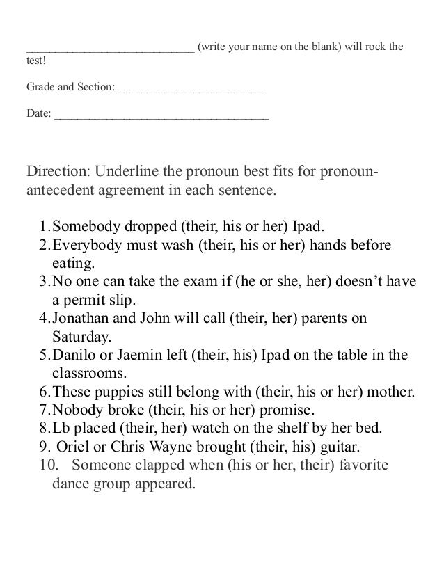 Worksheet for Pronoun Reference Agreement