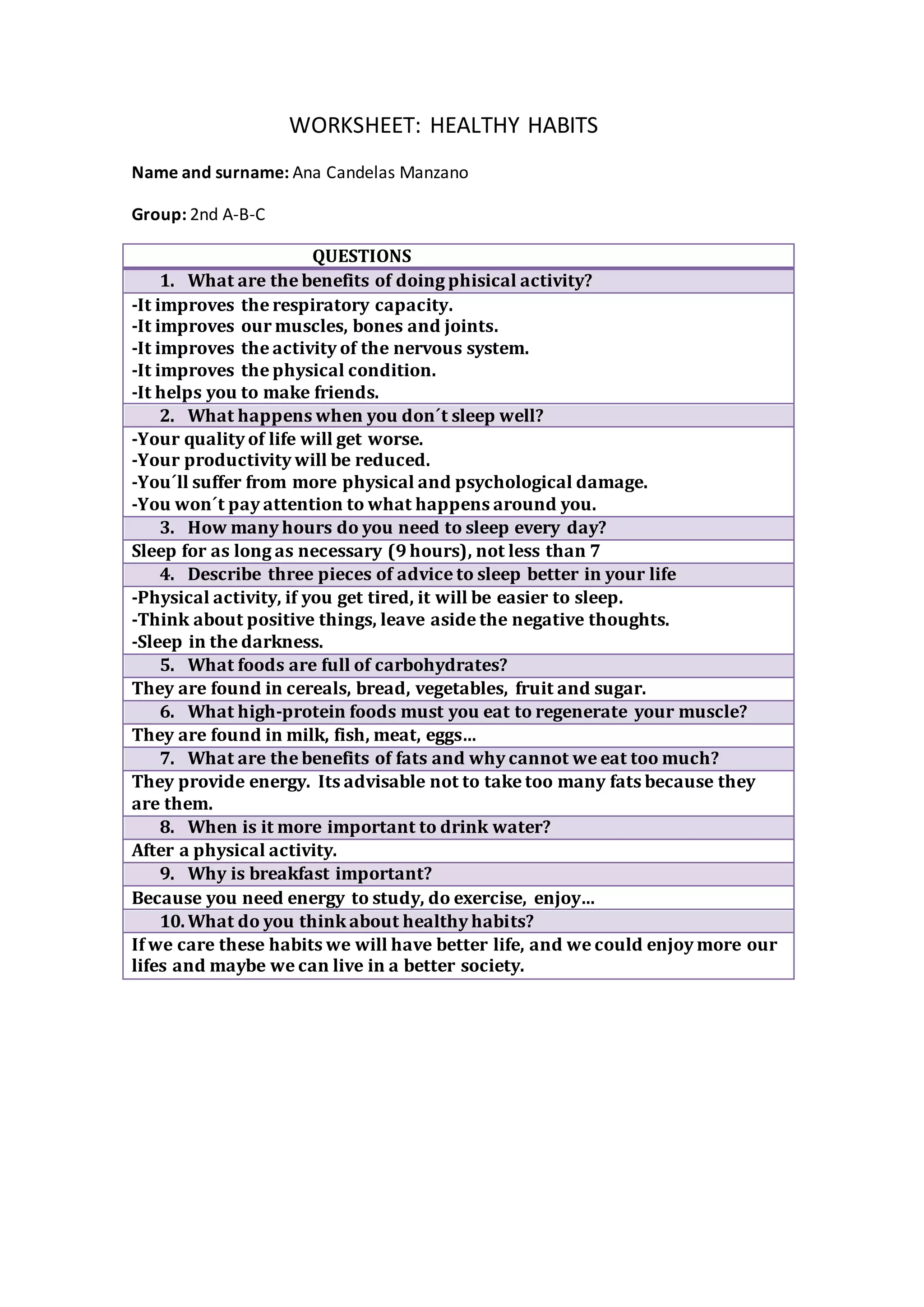 Worksheet about Healthy Habits | DOCX