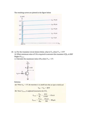 The resulting curves are plotted in the figure below
23. (a) For the transistor circuit shown below, what is VCE when V IN = 0 V?
(b) What minimum value of I B is required to saturate this transistor if βDC is 200?
Neglect VCE(sat)
(c) Calculate the maximum value of RB when V IN = 5 V.
Solution:
 