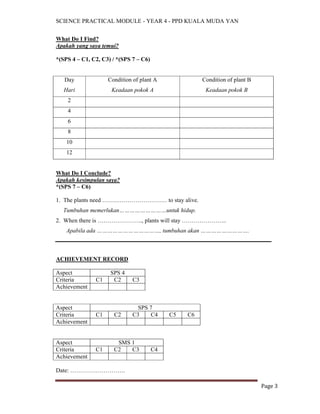 SCIENCE PRACTICAL MODULE - YEAR 4 - PPD KUALA MUDA YAN


What Do I Find?
Apakah yang saya temui?

*(SPS 4 – C1, C2, C3) / *(SPS 7 – C6)


   Day              Condition of plant A               Condition of plant B
   Hari              Keadaan pokok A                    Keadaan pokok B
    2
    4
    6
    8
    10
    12


What Do I Conclude?
Apakah kesimpulan saya?
*(SPS 7 – C6)

1. The plants need …………………………… to stay alive.
  Tumbuhan memerlukan………………………untuk hidup.
2. When there is ………………….., plants will stay …………………..
    Apabila ada ………………………………, tumbuhan akan ……………………….



ACHIEVEMENT RECORD

Aspect               SPS 4
Criteria       C1     C2      C3
Achievement


Aspect                          SPS 7
Criteria       C1     C2      C3     C4      C5   C6
Achievement


Aspect                 SMS 1
Criteria       C1     C2   C3           C4
Achievement

Date: ……………………….

                                                                              Page 3
 