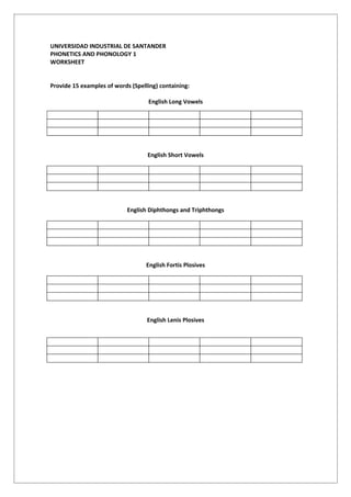 UNIVERSIDAD INDUSTRIAL DE SANTANDER
PHONETICS AND PHONOLOGY 1
WORKSHEET


Provide 15 examples of words (Spelling) containing:

                                   English Long Vowels




                                   English Short Vowels




                            English Diphthongs and Triphthongs




                                   English Fortis Plosives




                                   English Lenis Plosives
 
