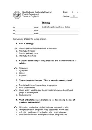 Worksheet ecology