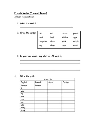 worksheet french regular er verbs