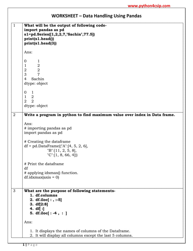 Worksheet - python Pandas numerical py pdf | PDF