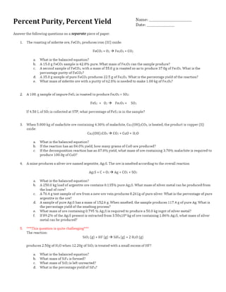 Worksheet   percent purity and percent yield
