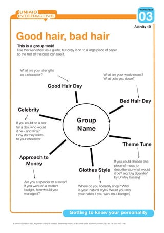 WORKSHEET



                                                                                                                                                   03
                                                                                                                                                 Activity 1B


   Good hair, bad hair
     This is a group task!
     Use this worksheet as a guide, but copy it on to a large piece of paper
     so the rest of the class can see it.



         What are your strengths
         as a character?                                                                                          What are your weaknesses?
                                                                                                                  What gets you down?

                                           Good Hair Day

                                                                                                                                       Bad Hair Day
      Celebrity

    If you could be a star                                                      Group
    for a day, who would
    it be – and why?                                                            Name
    How do they relate
    to your character
                                                                                                                                          Theme Tune

        Approach to
                                                                                                                                If you could choose one
          Money                                                                                                                 piece of music to
                                                                                   Clothes Style                                describe you what would
                                                                                                                                it be? (eg ‘Big Spender’
                                                                                                                                by Shirley Bassey)
              Are you a spender or a saver?
              If you were on a student                                            Where do you normally shop? What
              budget, how would you                                               is your natural style? Would you alter
              manage it?                                                          your habits if you were on a budget?




                                                                       Getting to know your personality
    Module 1 – The MASH Test: Getting to know your personality
© UNIAID Foundation 2007, Registered Charity No 1089005. Waterbridge House, 32-36 Loman Street, Southwark, London, SE1 0EE. Tel. 020 7922 7790
 