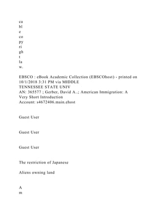 ca
bl
e
co
py
ri
gh
t
la
w.
EBSCO : eBook Academic Collection (EBSCOhost) - printed on
10/1/2018 3:31 PM via MIDDLE
TENNESSEE STATE UNIV
AN: 365577 ; Gerber, David A..; American Immigration: A
Very Short Introduction
Account: s4672406.main.ehost
Guest User
Guest User
Guest User
The restriction of Japanese
Aliens owning land
A
m
 