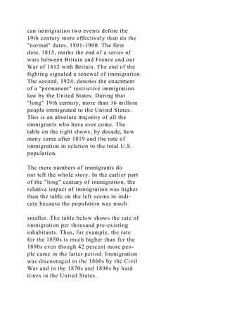 can immigration two events define the
19th century more effectively than do the
"normal" dates, 1801-1900. The first
date, 1815, marks the end of a series of
wars between Britain and France and our
War of 1812 with Britain. The end of the
fighting signaled a renewal of immigration.
The second, 1924, denotes the enactment
of a "permanent" restrictive immigration
law by the United States. During that
"long" 19th century, more than 36 million
people immigrated to the United States.
This is an absolute majority of all the
immigrants who have ever come. The
table on the right shows, by decade, how
many came after 1819 and the rate of
immigration in relation to the total U.S.
population.
The mere numbers of immigrants do
not tell the whole story. In the earlier part
of the "long" century of immigration, the
relative impact of immigration was higher
than the table on the left seems to indi-
cate because the population was much
smaller. The table below shows the rate of
immigration per thousand pre-existing
inhabitants. Thus, for example, the rate
for the 1850s is much higher than for the
1890s even though 42 percent more peo-
ple came in the latter period. Immigration
was discouraged in the 1860s by the Civil
War and in the 1870s and 1890s by hard
times in the United States.
 