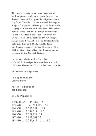 This mass immigration was dominated
by Europeans, and, to a lesser degree, the
descendants of European immigrants com-
ing from Canada. It also marked the begin-
nings of large-scale immigration from Asia,
largely of Chinese and Japanese. Historians
now believe that even though the interna-
tional slave trade had been outlawed by
Congress in 1808, perhaps 50,000 illegal
slaves were brought into the United States
between then and 1865, mostly from
Caribbean islands. Toward the end of the
19th century, free Afro-Caribbeans began
to come to the United States.
In the years before the Civil War
(1861-65), immigration was dominated by
Irish and Germans. Even before the dreadful
1820-1924 Immigration
Immigration to the
United States
Rate of Immigration
per Thousand
of U.S. Population
1820-30 ,.-"..... 151,824 1.2
1831-40 . . . . . » . 599,125 .. 3.9
1841-50,..... 1,713,251 . .. 8.4
1851-60...... 2,598,214 .., 9.3
1861-70...... 2,314,824 .6.4
1871-80...... 2,812,191 6.2
1881-90,..... 5,246,613 ........... 9.2
 