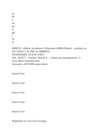 ca
bl
e
co
py
ri
gh
t
la
w.
EBSCO : eBook Academic Collection (EBSCOhost) - printed on
10/1/2018 3:54 PM via MIDDLE
TENNESSEE STATE UNIV
AN: 365577 ; Gerber, David A..; American Immigration: A
Very Short Introduction
Account: s4672406.main.ehost
Guest User
Guest User
Guest User
Guest User
Guest User
Migration as survival strategy
 