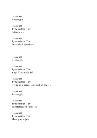 lisaswart
Rectangle
lisaswart
Typewritten Text
Interviews
lisaswart
Typewritten Text
Possible Rejections
lisaswart
Rectangle
lisaswart
Typewritten Text
Yay! You made it?
lisaswart
Typewritten Text
Being in quarantine...not so nice...
lisaswart
Rectangle
lisaswart
Typewritten Text
Separation of families
lisaswart
Typewritten Text
Money or a job
 