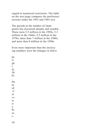 regard to numerical restriction. The table
on the next page compares the preference
systems under the 1952 and 1965 acts.
The growth in the number of immi-
grants has increased sharply and steadily.
There were 2.5 million in the 1950s, 3.3
million in the 1960s, 4.5 million in the
1970s, more than 7 million in the 1980s,
and more than 8 million in the 1990s.
Even more important than the increas-
ing numbers were the changes in theCo
py
ri
gh
t
@
20
01
.
Ox
fo
rd
U
ni
ve
rs
it
y
Pr
es
s.
Al
 