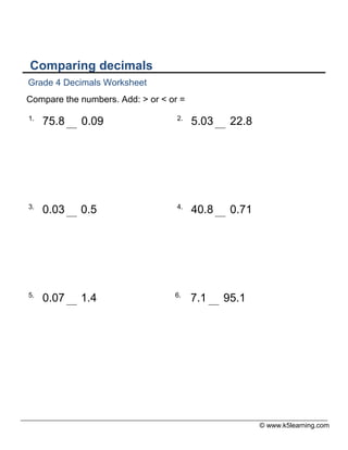 © www.k5learning.com
Comparing decimals
Grade 4 Decimals Worksheet
Compare the numbers. Add: > or < or =
1.
75.8 0.09 2.
5.03 22.8
3.
0.03 0.5 4.
40.8 0.71
5.
0.07 1.4 6.
7.1 95.1
 