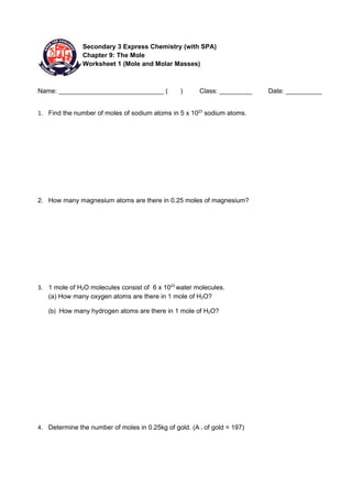 Worksheet 1 (Mole And Molar Masses)