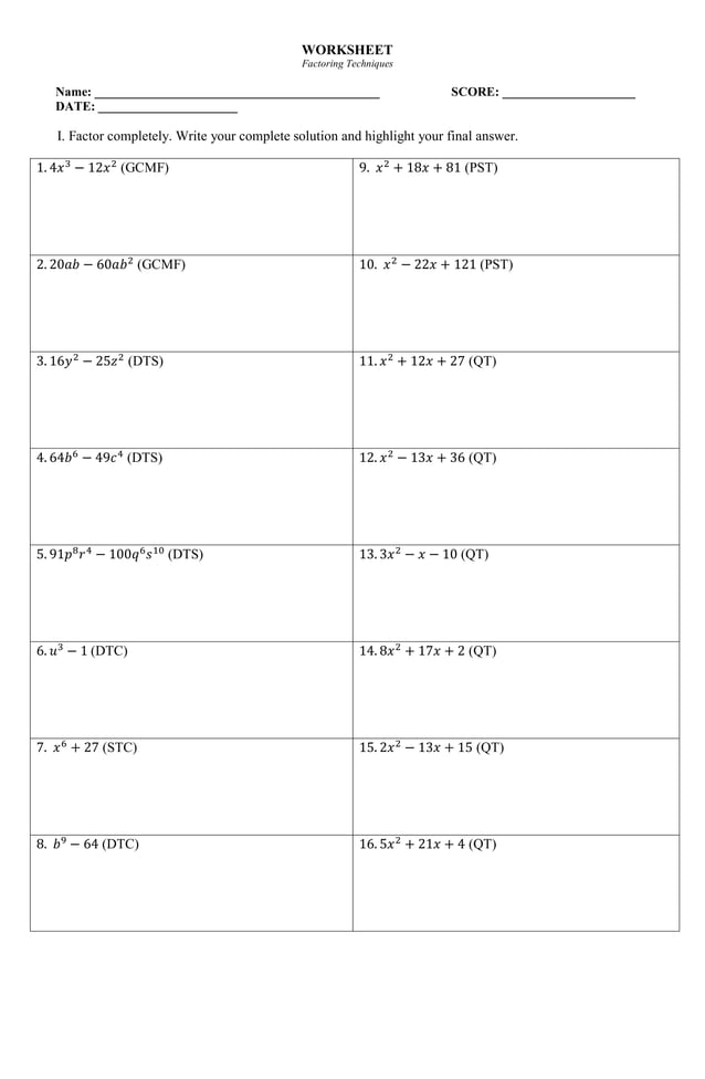 Factoring worksheet algebra 2