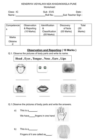 KENDRIYA VIDYALAYA NDA KHADAKWASLA PUNE
Worksheet:
Class : IC Sub : EVS Date :
Name : Roll No.: Sub Teacher Sign :
*****************************************************************************
Competencie
s
Observation
& Reporting
(10 Marks)
Identification
&
Classification
(05 Marks)
Discovery
of facts
(05 Marks)
Total
(20
Marks)
Marks
Obtaine
d
Observation and Reporting ( 10 Marks )
Q.1. Observe the pictures of body parts and write its name.
Q.1.Observe the pictures of body parts and write the answers.
a) This is a .
We have fingers in one hand.
b) This is a .
Fingers of it are called as .
 