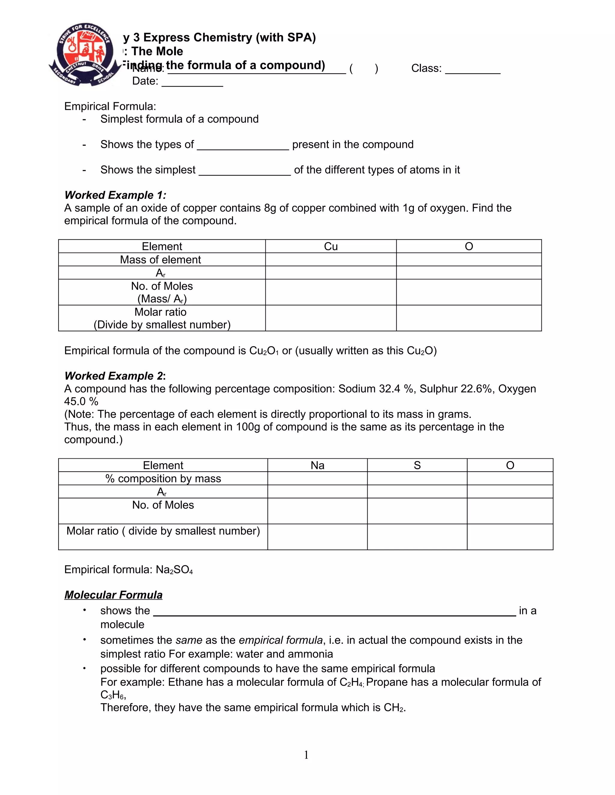Worksheet 9.6 Empirical And Molecular Formula | DOC