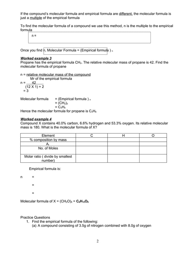 Worksheet 9.6 Empirical And Molecular Formula | DOC
