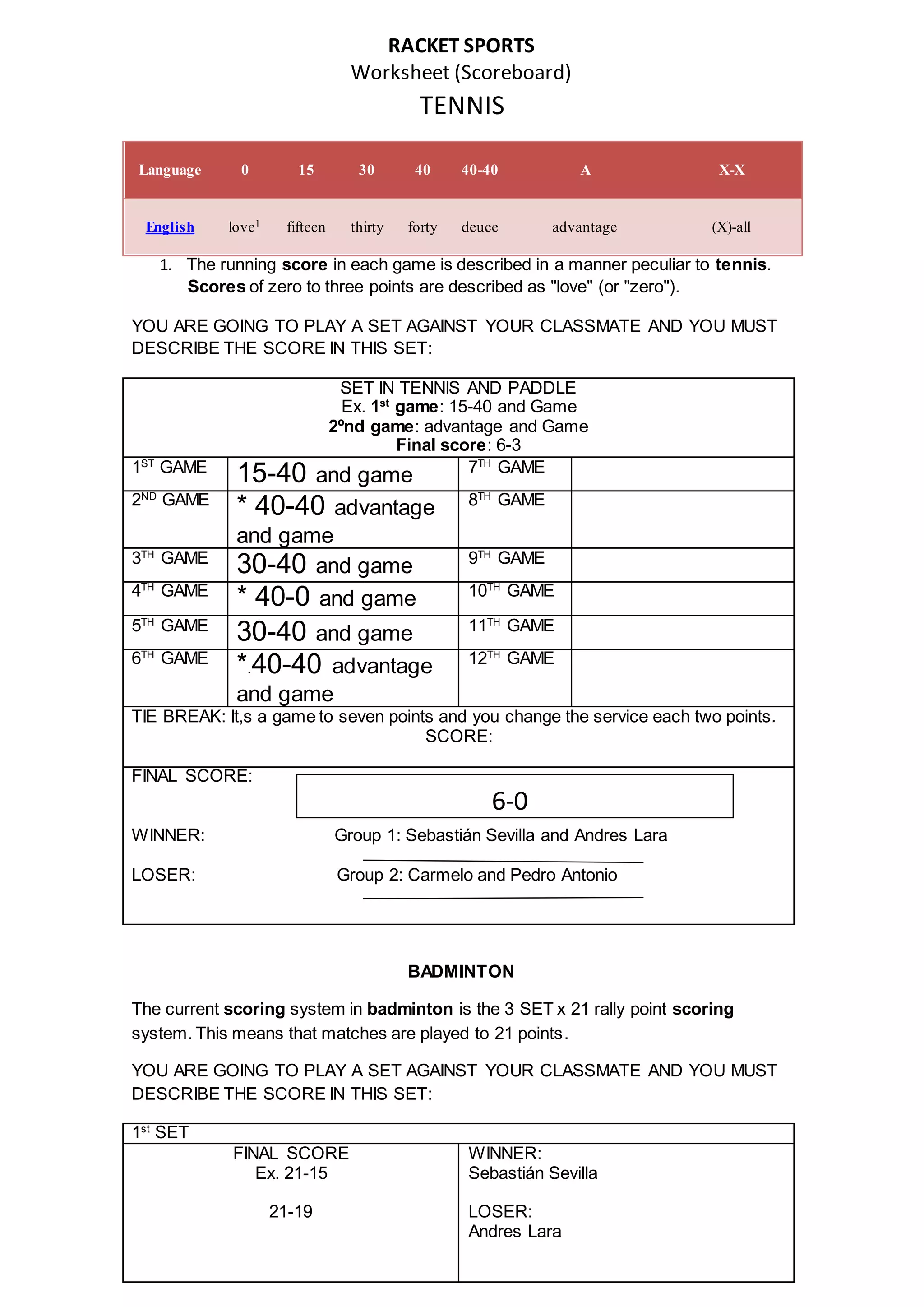 Worksheet about racket sports | DOC