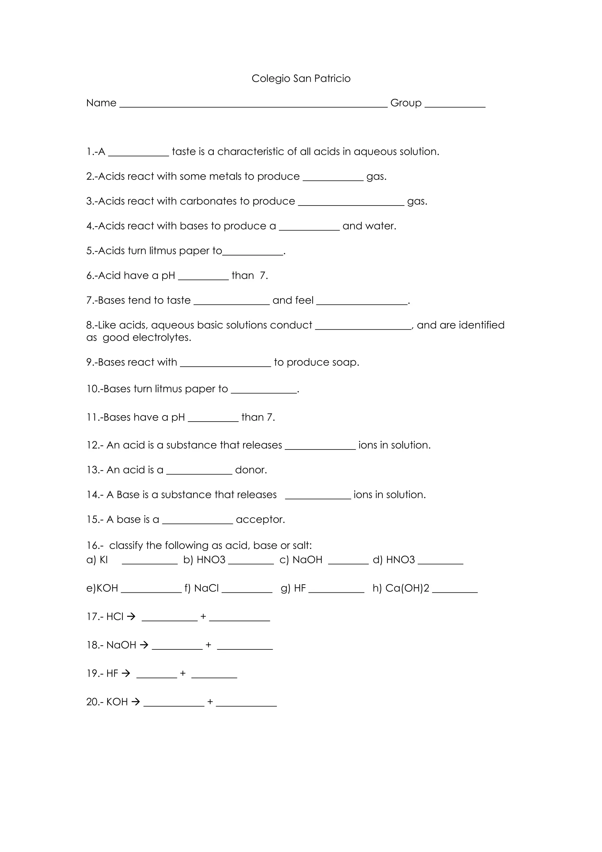 Acids And Bases Worksheet
