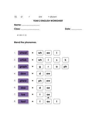10.        d          r       aw      = drawn
                          YEAR 2 ENGLISH WORKSHEET
Name: ……………………
Class: …………………….                                     Date: …………...

      B1 DB1 E1 (f)



Blend the phonemes.



1.       wheel            =   wh    ee      l

2.       whisk            =   wh     i      s        k

3.       graph            =   g      r      a        ph

4.        dew             =   d     ew

5.       phew             =   ph    ew

6.        doe             =   d     oe

7.         toe            =    t    oe
                                     n
8.         taut           =    t    au      t
 