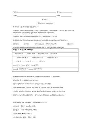 Worksheet chemical equations